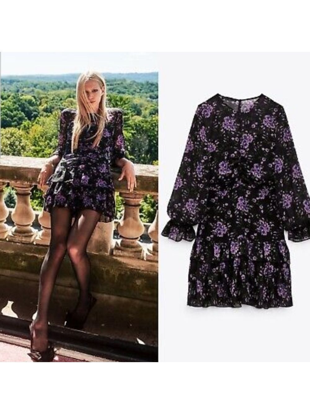 NWT Zara Floral Print Chiffon Gathered Ruffle Salsa Mini Dress, Size L
